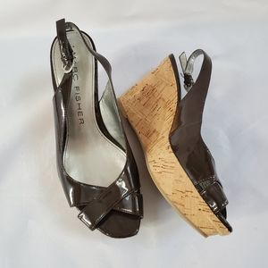 Marc Fisher Glow Brown Peep Toe Cork Wedges